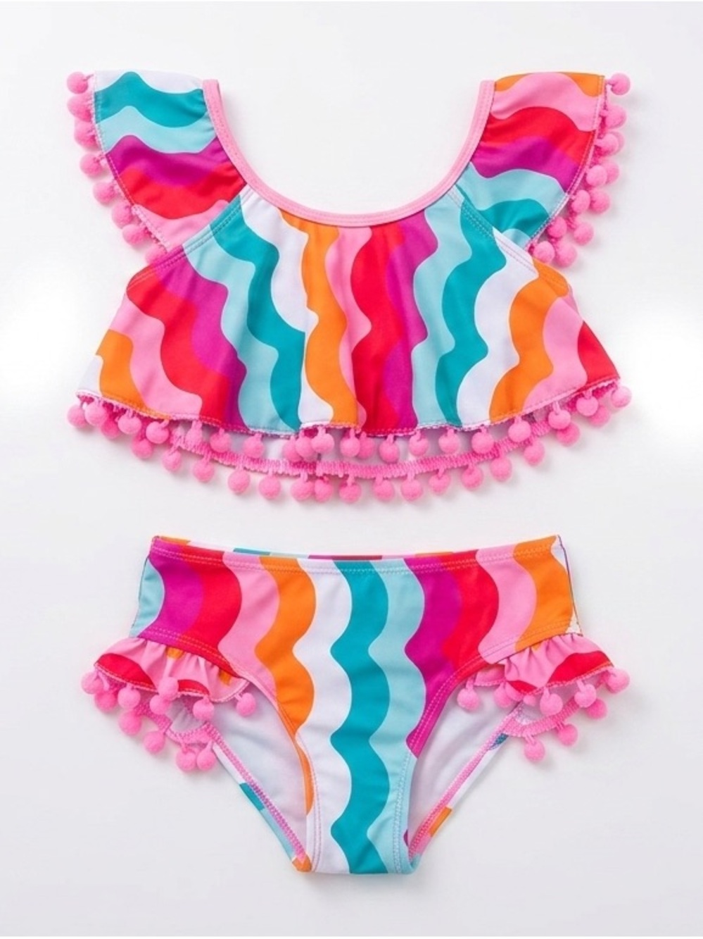 Nicole Miller Kids Retro Wavy Two-Piece Swimsuit with Pom-Pom Trim | 5